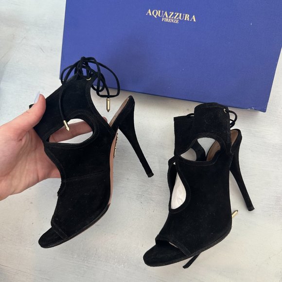Aquazzura Sexy Thing 105 Cutout Peep Toe Sandals Sz 36 Black Suede Back Ties - Picture 10 of 13